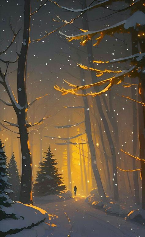 Christmas Night Drawing, Fantasy Landscape Digital Art, Christmas Drawing Landscape, Christmas Nature Wallpaper, Winter Drawing Aesthetic, Winter Aesthetic Painting, Christmas Background Drawing, Winter Aesthetic Drawing, Anime Winter Wallpaper