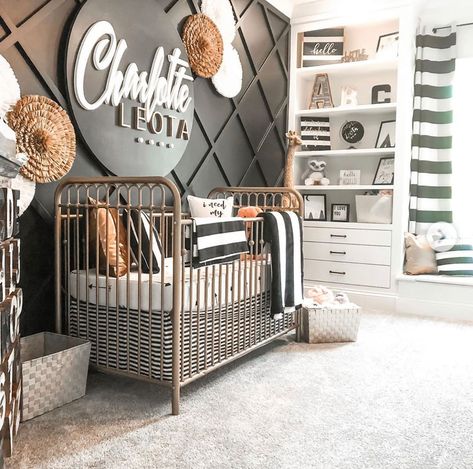 Favorite Nursery Inspiration Multiple Baby, Sophisticated Nursery, Metal Crib, Nursery Accents, Custom Nursery Art, Black Nursery, Nursery Trends, Deco Jungle, Baby Room Neutral