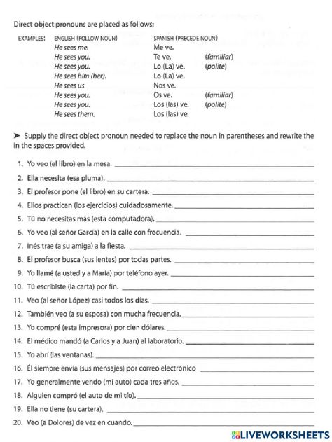 Spanish Direct Object Pronouns, Direct Object Pronouns Spanish Worksheets, Spanish Workbook, Direct Object And Indirect Object, Spanish Pronouns Worksheet, Direct Object Pronouns Spanish, Direct And Indirect Object Pronouns Spanish, Indirect Object Pronouns Spanish, Spanish Object Pronouns