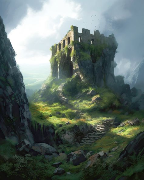 A Tale of Overgrown Ruins - Ephellem's Ko-fi Shop - Ko-fi ❤️ Where creators get support from fans through donations, memberships, shop sales and more! The original 'Buy Me a Coffee' Page. Ruins Landscape Fantasy Art, Fantasy Mountain Village Concept Art, Fantasy Concept Art Landscape, Forest Ruins Fantasy Art, Fantasy Setting Art, Castle Ruins Fantasy Art, Fantasy Ruins Concept Art, Ruined Castle Fantasy Concept Art, Dnd Fantasy Art Landscape