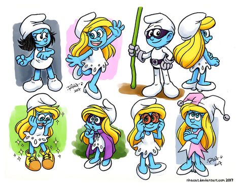 Smurfs: Many faces of Smurfette by rinacat on DeviantArt Cartoon Characters As Humans, Frozen Water, Snoopy Halloween, Neverland Art, The Smurfs, Water Surface, Artist Sketches, Walt Disney Animation Studios, Cartoon Background