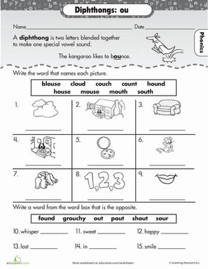 Help your second grader practice decoding words with the vowel combination "ou", as in the words blouse and bounce. Diphthongs Worksheets, Shared Reading Kindergarten, Worksheets Grade 2, Vowel Diphthongs, Teaching Vowels, Reading Kindergarten, Phonics Worksheets Free, Summer Prep, Decoding Words