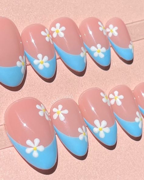 Blue Frenchies Nails, Frenchies Nails, Blue French Tip, Pink Flower Nails, Nails Sets, Wisteria Lane, Blue French Tips, Daisy Nails, Floral Nails