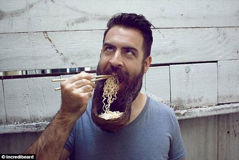 Webb manages to eat noodles out of his Big Bowl O'Beard Ramen sculpture - one of… Crazy Beard, Hipster Fonts, Beard Designs, Beard Art, Beard Growth Oil, Beard Look, Beard Growth, Growth Oil, Hair Growth Oil