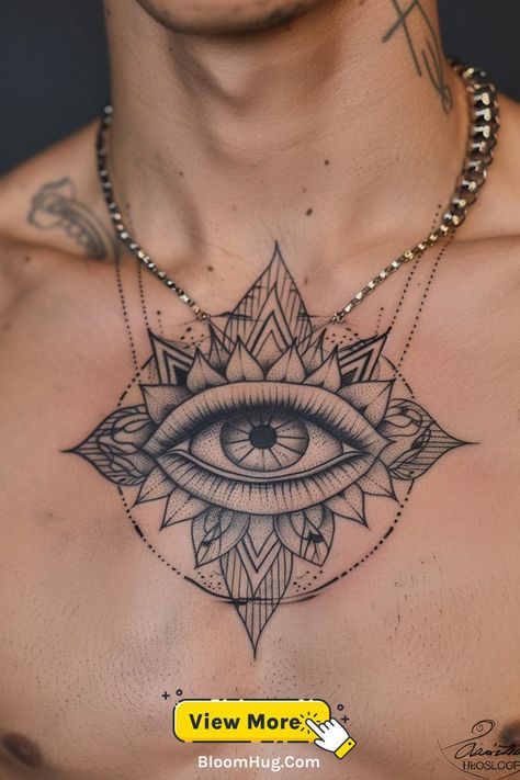 A sacred eye design in the center of the chest with geometric linework and spiritual symbolism, incorporating realism and abstraction. All Seeing Eye Chest Tattoo, Angel Eye Tattoo, Geometric Tattoo Ideas For Men, Third Eye Tattoo Design, Tattoo Ideas For Men Chest, Spiritual Tattoo Ideas, Tattoo For Men Ideas, Geometric Tattoo Ideas, Eye Geometric