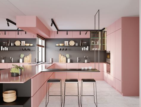 Stylish Small Kitchen, Pink Kitchen Designs, Modern Kitchen Colours, Pink Cabinets, Pink Kitchen Decor, Pink Kitchen, Online Interior Design, Kitchen Trends, Stylish Kitchen