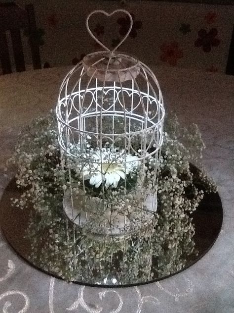 Gerbera and gyp in a birdcage as centerpiece Bird Cage Table Centerpiece, White Birdcage Centerpiece, Floral Birdcage Centerpiece, Birdcage Centrepiece, Flowers In Bird Cage, Gerbera Wedding, Cage Decor, Bird Cage Centerpiece, Small Bird Cage