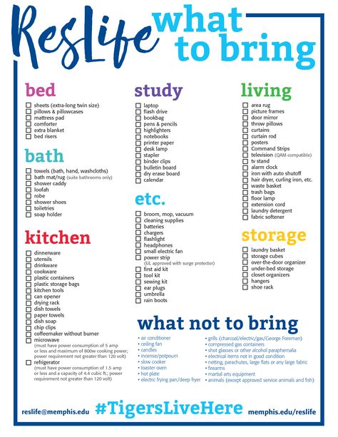 What to Bring & What Not to Bring for living on campus at the University of Memphis. #TigersLiveHere #dorm #college Res Room Ideas College Dorms, Rez Life, College Dorm List, University Ideas, Dorm List, Printer Desk, College Apartment Diy, College Dorm Checklist, Dorm Checklist