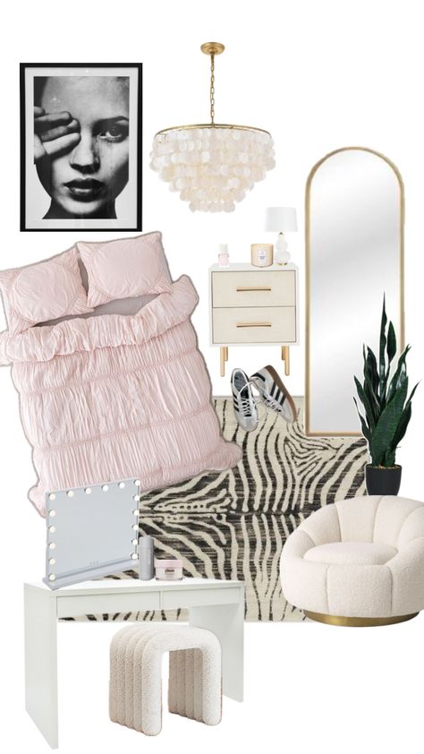 Bedroom Inspo Boho Chic, Black Chic Room Decor, Glossier Room Aesthetic, Pink Grey And Gold Bedroom, Must Have Room Decor, Cool Girl Bedroom, Feminine Room Aesthetic, Bedroom Ideas Women, Cool Girl Room