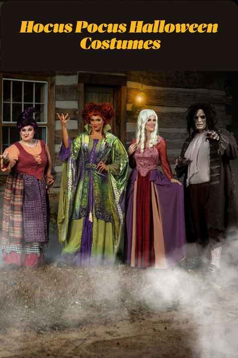 Hocus Pocus Halloween Costumes The Sanderson Sisters and Billy Butcherson dress up like Winifred, Sarah or Mary Sanderson or Billy the Zombie #hocuspocus #halloween #witch #Halloweencostume #costumes Billy Hocus Pocus Costume, Hocus Pocus Group Costume, 4 Person Costume Ideas, Scary Family Halloween Costumes, 4 People Costume Ideas, Billy Butcherson Costume, 4 People Halloween Costumes, Hocus Pocus Sarah Sanderson, Mary Sanderson Costume