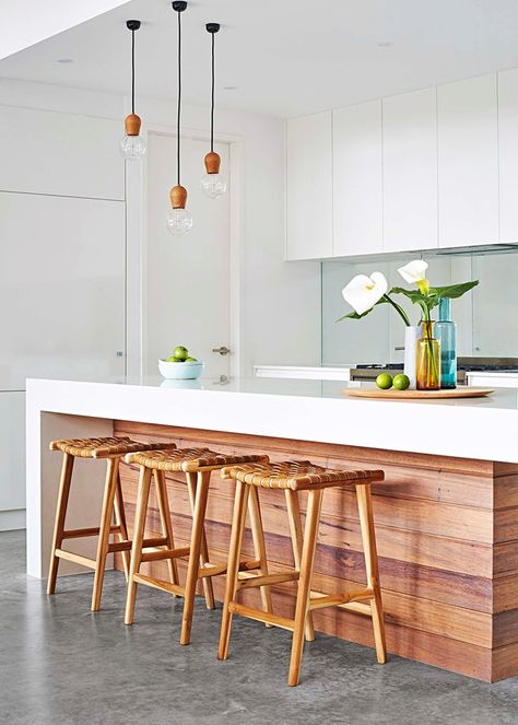 Catherine Mccormack, Kitchen Benchtops, White Kitchen Backsplash, Concrete Countertops Kitchen, Kitchen Design Modern, White Kitchens, Contemporary Coastal, Concrete Kitchen, Kitchen Benches