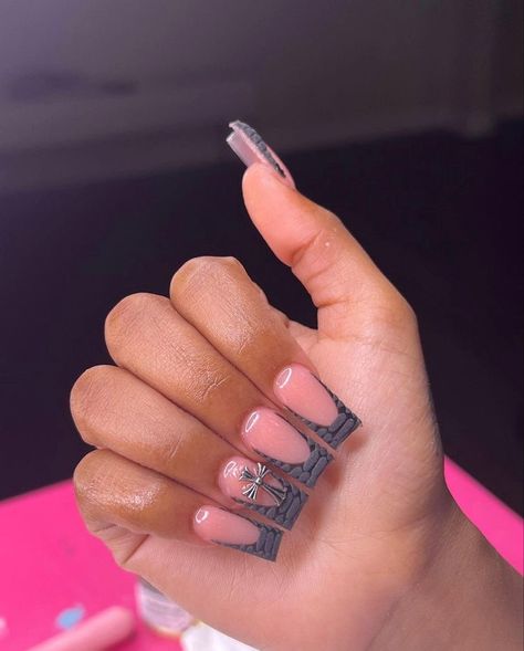 Pink Acrylic Nails With Cross, Medium Nail Sets, Acrylic Toe Nails, Acrylic Nail Set, Hard Nails, Colored Acrylic Nails, French Tip Acrylic Nails, Her Nails, Dope Nail Designs