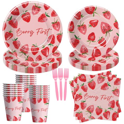 PRICES MAY VARY. 【Berry First Birthday Decorations】Celebrate your little one's first milestone with our charming strawberry first birthday party supplies dinnerware. Adorned with vibrant strawberry and whimsical designs, this theme adds a delightful touch to the celebration 【Serve 24 Guests】This strawberry plates party supplies for first birthday tableware set can accommodate up to 24 guests and includes everything you need: 24pcs 9'' berry first dinner plates, 24pcs 7'' strawberry 1st birthday One Year Old Birthday Food, First Birthday Girl Berry Theme, Diy Berry First Birthday Decorations, 1st Birthday Girl Strawberry Theme, Berry First Birthday Party Ideas, Berry One Birthday Theme, Strawberry One Year Old Party, Berry One Birthday, Strawberry 1st Birthday Party Theme