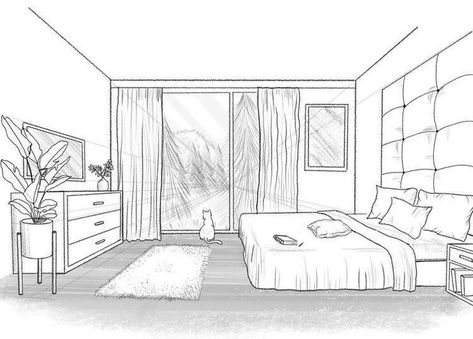 Rooms To Draw, How To Draw A Bedroom, Room Sketches Interior, How To Draw A Room, Bedroom Perspective Drawing, Bedroom Perspective, Room Design Drawing, Bed Sketch, Bedroom Sketch