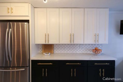 Changing up the Upper and Lower Cabinets Black And White Galley Kitchen, Kitchen With Gold Hardware, Cabinets With Refrigerator, White Galley Kitchens, White Galley Kitchen, Modern Kitchen Decor Ideas, Gold Kitchen Hardware, Ideas For Small Kitchens, Kitchen Countertop Ideas