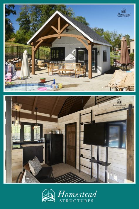 This beautiful pool house design is reminiscent of a modern farmhouse. The poolside oasis includes a timber frame pavilion, an outdoor bar, and a loft. Modern Farmhouse Pool, Farmhouse Pool House, Homestead Structures, Pool Cabana Ideas, Farmhouse Pool, Pool House Cabana, Pool House Design, Timber Frame Pavilion, Boat Rope