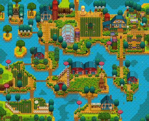 Riverland Farm layout ideia/ Stardew Valley River Land Farm Stardew Valley, Stardew Valley Layout Riverlands, Standee Valley Farm Layout, Star Dew Valley Farm Layouts River, Stardew Valley Riverland Farm Design, Stardew Valley Riverland Farm Layout Cute, Riverside Farm Stardew, Stardew Valley Fishing Farm Layout, River Farm Layout Stardew Valley