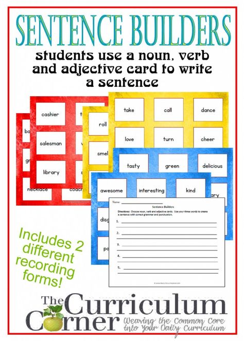 Sentence Builders cards for writing complete sentences - nouns, verbs and adjectives for 3rd, 4th and 5th grade students | FREE from The Curriculum Corner |  Writing Workshop Sentence Builder, Writing Complete Sentences, 3rd Grade Writing, Sentence Building, 4th Grade Reading, Complete Sentences, Sentence Writing, Lesson Planning, A Sentence