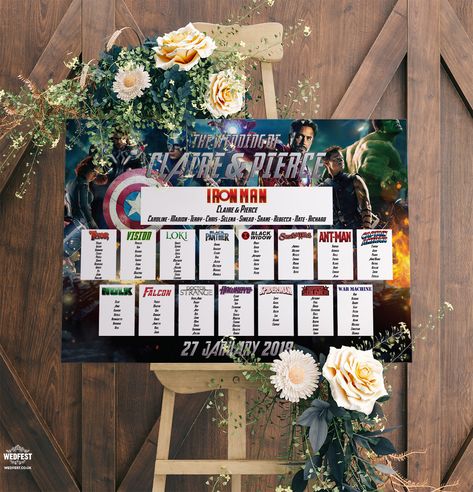 Avengers Superhero Themed Wedding Table Plan https://www.wedfest.co/avengers-superhero-wedding-table-seating-plan/ Marvel Wedding Theme, Superhero Wedding Theme, Avengers Wedding, Wedding Table Planner, Marvel Wedding, Table Seating Plan, Wedding Table Themes, Wedding Table Seating Plan, Nerd Wedding