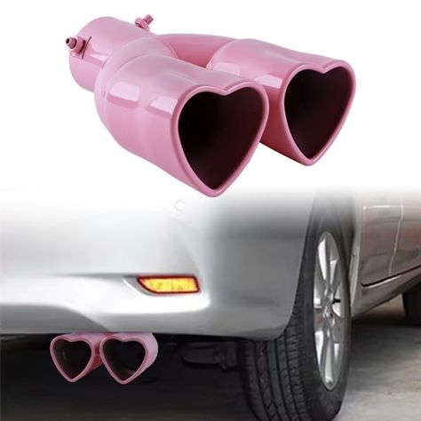 Red, Silver Available Heart Muffler On Car, Pink Heart Rims, Pink Wheel Cover, Girly Car Decor Ideas, Black Car Pink Accents, Pink Car Details, Strawberry Car Decorations, Heart Car Decor, Cute Car Accessories Pink