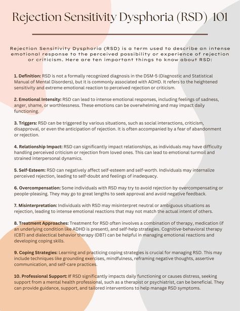 Rejection Sensitivity Dysphoria (RSD) can offer a very helpful framework on the experience many individuals, especially those with ADHD, have. This sheet offers information on RSD, and helps folks gain a better understanding of what RSD is, interventions, and how RSD can impact an individual. Rejection Dysphoria, Dysregulation In Adults, How To Deal With Rejection Sensitive Dysphoria, Exposure Response Prevention Therapy, Rejection Sensitivity, Rejection Sensitive Dysphoria, Urge Surfing Dbt, Reactive Attachment Disorder In Adults, Counselling Tools