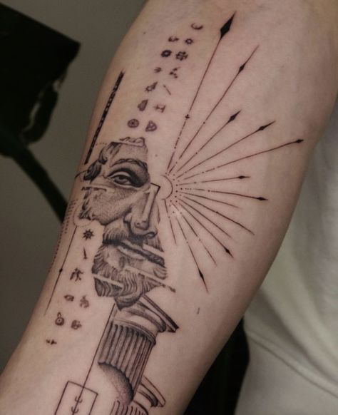 Greek Aesthetic Tattoo Men, Old Greek Tattoo, Apollo Tattoo Greek God, Greek Mythology Patchwork Tattoos, Ares Geometric Tattoo, Phoenix Tattoo Sleeve, Justice Tattoo, Tattoo Magazine, Lady Justice