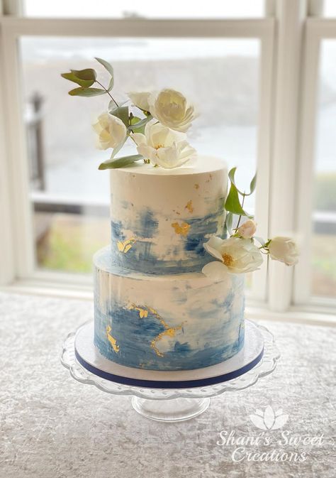 Blue Two Tier Wedding Cake, Ombre Cake Wedding, Blue White Engagement Cake, Dusty Blue Floral Wedding Cake, Light Blue 2 Tier Cake, Simple Wedding Cake 2 Tier Blue, Dusty Blue Boho Wedding Cake, Simple White And Blue Wedding Cake, Dusty Blue 2 Tier Wedding Cake