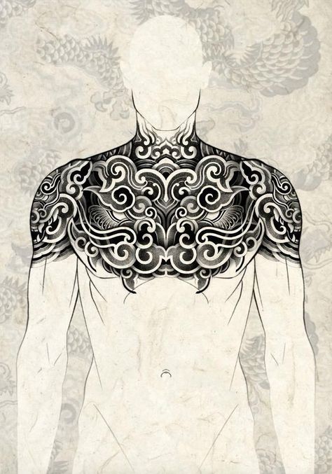 Chest Pattern Tattoo, Geometric Chest Tattoo Men, Tattoo Chest Ideas, Japanese Mandala Tattoo, Tattoo Patterns For Men, Chest Mandala Tattoo, Blackwork Chest Tattoo, Fudog Tattoo Design, Orientalism Art Tattoo