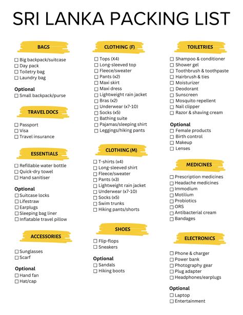 The Ultimate Sri Lanka Packing List (+ Free Printable Checklist) - Laure Wanders Sri Lanka Packing List, Packing List Free Printable, Retreat Planning, Headache Medicine, Small Backpack Purse, Sleeping Bag Liner, Big Backpacks, Nuwara Eliya, Packing Ideas