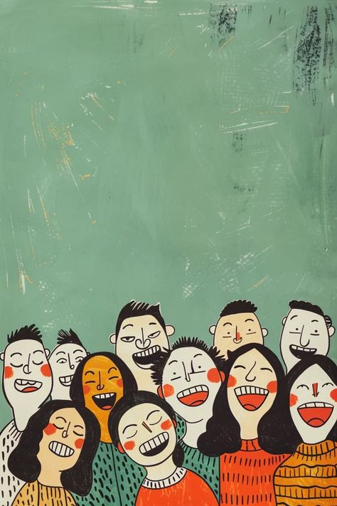 The image shows a group of people with different facial expressions. They are all looking up at something and have their mouths open in laughter ->> more details in ai-img-gen.com Different Facial Expressions, Laughter Yoga, A Group Of People, Light Green Color, Simple Cartoon, Group Of People, People Laughing, Facial Expressions, Cartoon Style