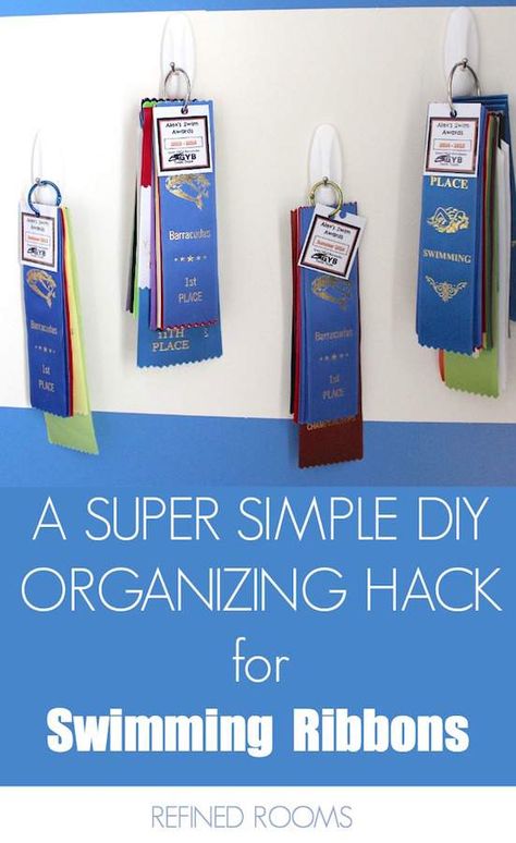 Drowning in a collection of swim ribbon clutter? I was too! Check out this quick & easy DIY solution for organizing swim ribbons! #RefinedRooms #organizinghack #DIYOrganizingsolution #swimribbonstorage #swimribbondisplay #swim ribbon #awardribbonstorage #awardribbondisplay # Award Ribbon Display, Swim Ribbons, Show Ribbon Display, Horse Show Ribbons, Ribbon Display, Diy Organizing, Ribbon Organization, Award Ribbons, Ribbon Storage