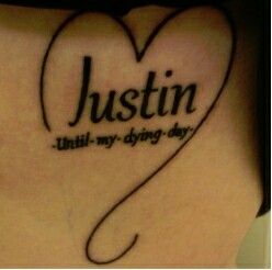 Replacing the name Justin with Sam. Tattoos For Husband Name, Names Tattoos For Women, Husband Name Tattoos, Justin Tattoo, Grandchildren Tattoos, Watercolor Heart Tattoos, Him And Her Tattoos, Finger Tattoos For Couples, Husband Tattoo