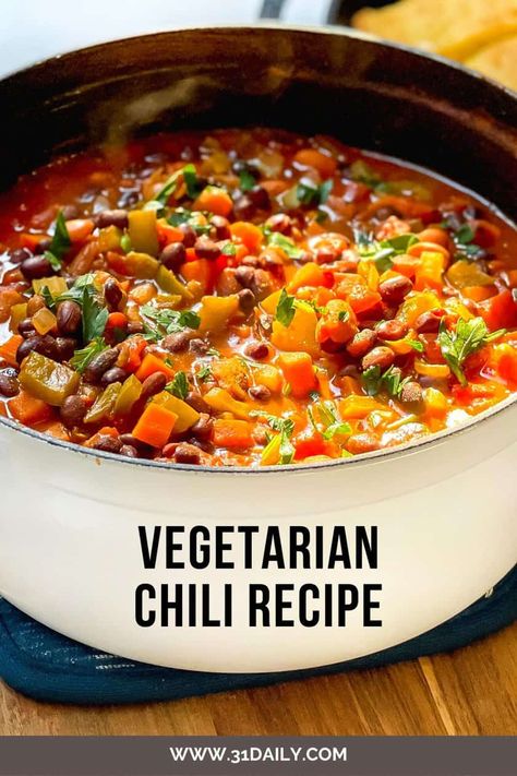 This Vegetarian Chili recipe is utterly delicious, super healthy, and packed with vegetables, pantry staples, like beans and tomatoes-- and is filled with smokey flavor! Healthy Vegetarian Chili Recipe, Chili Recipe With Vegetables, Veg Chilli Recipe, Vegetarian Chilli Recipes, Southwestern Chili Recipe, Healthy Beef Chili Recipe, Chili Recipe Vegetarian, Healthy Vegetarian Chili, Veggie Chili Recipe