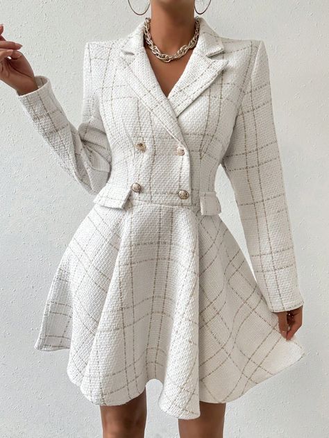 SHEIN Privé Women's Plaid Notched Lapel Collar DressI discovered amazing products on SHEIN.com, come check them out! Lapel Collar Dress, Womens Plaid Dress, Classy Jumpsuit, Double Breasted Dress, Plus Size Jumpsuit, Plaid Dress, Kurti Designs, Collar Dress, White Plaid