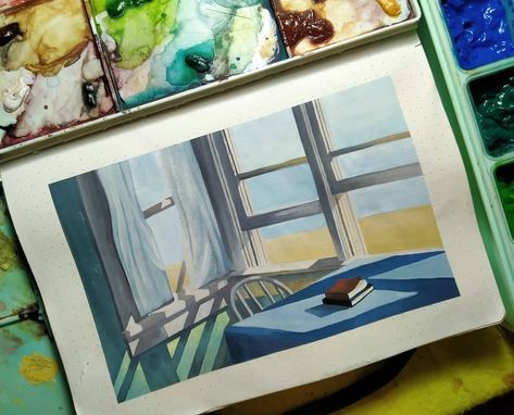 Window Gouache Painting, Gouache Studies, Gouache Study, Gouache Inspiration, Gauche Painting, Window Photography, Gouache Illustrations, Oil Pastel Art, Gouache Art