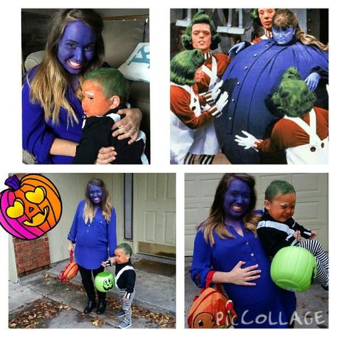 Violet the blueberry and my little oompa loompa! This was so good for us this year because I am pregnant, and already round! Lol  #costumesforpregnancy #mommyandsoncostume #pregnant #willywonkaandthechocolatefactory #violettheblueberry  #oompaloompa Pregnant Violet Costume, Violet Beauregarde Costume Pregnant, Violet Beauregarde Costume, Violet Beauregarde, I Am Pregnant, Pregnancy Costumes, Oompa Loompa, Mommy And Son, Halloween Costume Ideas