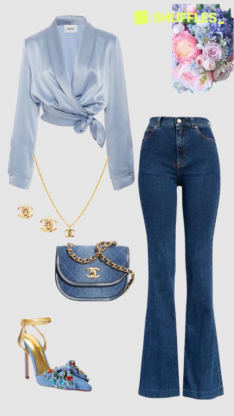 This elegant blouse and jeans outfit is a great business casual spring outfit. Can be worn: office, business, going out , girls night, daye, going out , party and more. #outfitinspo #jeans #blue #springoutfit #businessoutfit #aesthetic Blouse And Jeans Outfit, Classy Party Outfit, Business Casual Spring, Party Jeans, Classy Party, Fashion Trend Board, Casual Spring Outfit, Spring Business Casual, Boss Girl