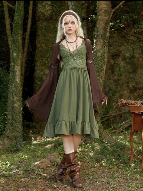 Faerie Inspired Outfit, Pixie Outfit Aesthetic, Fairycore Outfit Dress, Elven Core Outfits, Fairycore Green Outfit, Forest Elf Aesthetic Outfit, Moss Fairy Outfit, Cute Nature Outfits, Fairycore Clothing Aesthetic