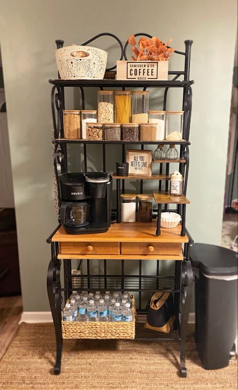 Bakers Rack Kitchen Storage, Baker's Rack Coffee Bar, Bakers Rack Organization Storage Ideas, Baking Rack Ideas, Baker Rack Decor, Coffee Bar Bakers Rack, Bakers Rack Organization, Baker Rack Coffee Station, How To Decorate A Bakers Rack Ideas