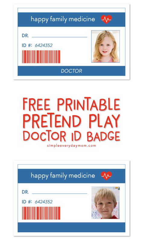 Free Printable Pretend Play Doctor ID Badge | Children will love using these fun ID badges when they pretend to be doctors! They're great for toddlers, preschool aged kids or older. #freeprintablesforkids #pretendplay #creativekids #ideasforkids #kidsactivities Doctors Office Dramatic Play Preschool Free Printables, Doctor Sensory Bin Preschool, Doctor Preschool Activities, Doctor Theme Preschool, Doctor Printable, Doctor Id Card, Printable Pretend Play, Doctor Craft, Doctor Role Play