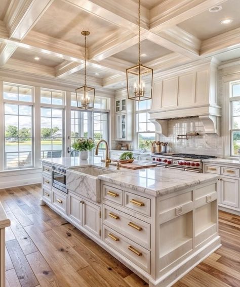 Barn Countertops, Farmhouse Mansion Kitchen, Double Ovens In Kitchen Layout, Kitchen Island With Seating For 6 Farmhouse, Beautiful Kitchens White, Aesthetic Mansion Kitchen, Huge Kitchen Island With Seating Farmhouse, Famhouse Kitchen Island, Home Styles Types Of Interior