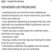 I'm not genderfluid, well maybe since I haven't figured out my gender completely yet, but I do have days where I'm more  masculine and days where I'm more feminine and even days where I'm more neutral so I do relate to many "Genderfluid Problems" #fuckthebinary Genderqueer Aesthetic, Genderfluid Art, Short Guy, Genderfluid Pride, Lgbt Humor, Art Humor, Lgbt Memes, Guy Style, Gender Fluid