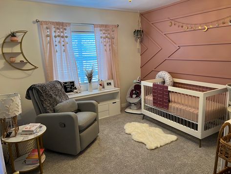 Mauve Shiplap Wall, Rose Color Nursery, Dusty Rose And Gray Nursery, Dusty Rose Accent Wall, Dusty Rose Accent Wall Nursery, Mauve Accent Wall Nursery, Mauve Nursery Ideas, Mauve Accent Wall, Mauve Pink Paint Nursery