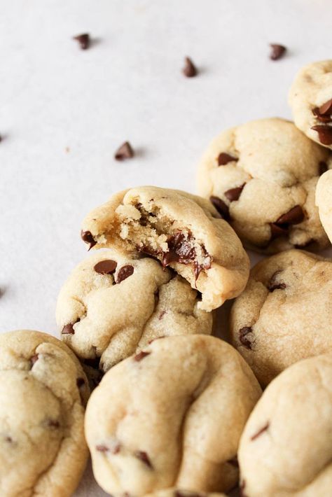 Softest Cookie Recipe, Chocolate Chip Cookies Mini Chips, Sweets By Elise, Mini Chocolate Chip Cookies Recipe, Mini Cookie Recipe, Tiny Cookies, Small Cookies, Bakery Chocolate Chip Cookies, Quick Cookies Recipes