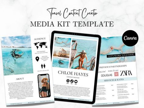 Travel Content Creator Media Kit Template | Instagram Travel Influencer Media Kit | UGC Creator 
Professional 3 Page Media Kit Template for Content Creators looking to collaborate with brands and start making money on social media. This unique digital portfolio not only helps to grab attention of potential clients, but also is a creative way to showcase your achievements, channel analytics and past collaborations. Ugc Travel Portfolio, Influencer Media Kit, Travel Influencer, Instagram Font, Trendy Fonts, Media Kit Template, Travel Content, Digital Portfolio, Stylish Fonts