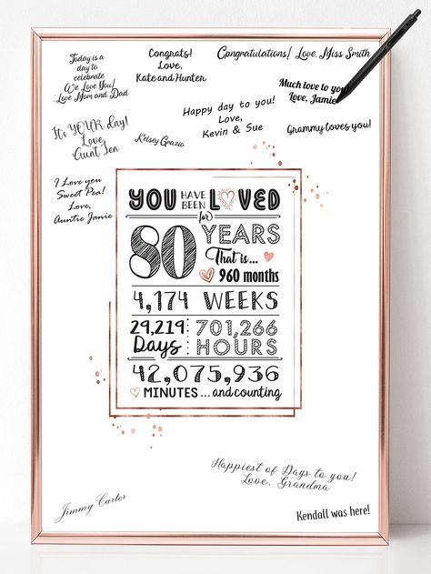 PRICES MAY VARY. Get the best 80th birthday decorations for women or 80th birthday gifts for women with this cute 80 years loved signature poster (unframed) designed exclusively by Katie Doodle. This is the perfect conversation piece for any room! Guests will love signing and giving your special person a keepsake they will never forget. Looking for 80th birthday decorations for women or 80th birthday gifts for women? Well look no further! This poster is great for 80th birthday party decorations, Grandmas Birthday Party, 80th Birthday Party Decorations, 80th Birthday Decorations, Happy 80th Birthday, Rose Gold Decor, Birthday Roses, Mom Party, Grandma Birthday, 80th Birthday Gifts