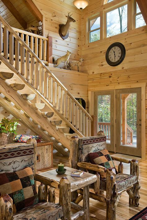 Rustic Staircase, Log Home Plan, Log Home Living, Log Home Interiors, Log Cabin Ideas, Outdoor Stairs, Foyer Decorating, Cabin Living, Log Cabin Homes