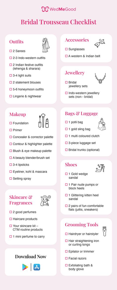 The Ultimate Checklist For Your Indian Bridal Trousseau! Bridal Essentials Indian, Bridal To Do List Wedding Planning, Indian Wedding Planner Checklist, Bridal Checklist Indian, Trousseau Outfits For Bride, Bride Essentials List Indian, Wedding Shopping List For Indian Bride, Indian Bride Checklist, Bridal Shopping List Indian