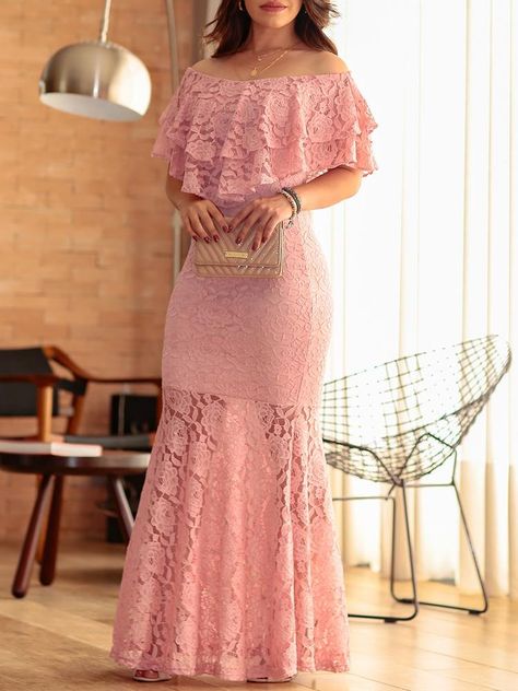 Trending Prom Dresses, Lace Dresses For Women, Off Shoulder Lace Dress, Fishtail Maxi Dress, Pink Lace Dress, Lace Gown Styles, Lace Dress Styles, African Wear Dresses, African Lace Dresses