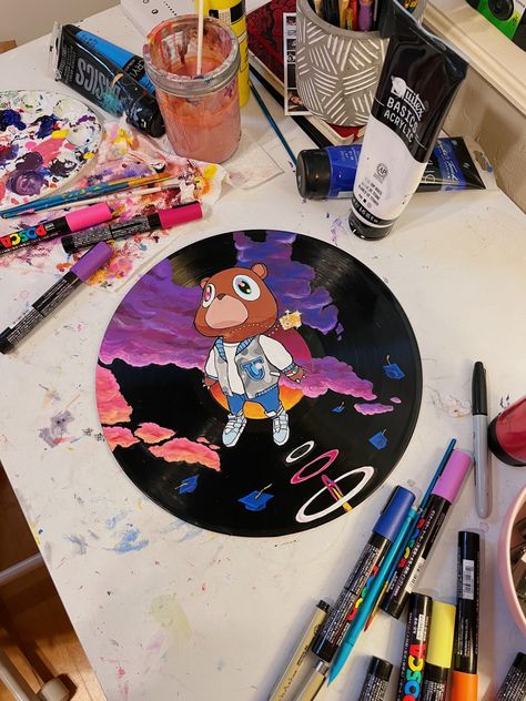 Kanye West Graduation Painting, Graduation Kanye Painting, Album Cover Art Painting, Kanye Painting Canvas, Album Covers Painting On Canvas, Painting Ideas Album Covers, Album Art Painting, Kanye Painting, Painted Album Covers